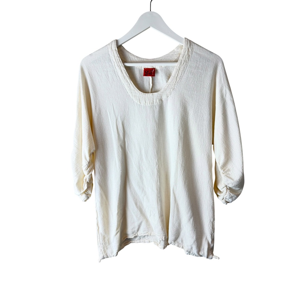 Oh My Gauze Cream Cotton Ruched Sleeve Top Size 1 Lagenlook Boho Scoop Neck S/M